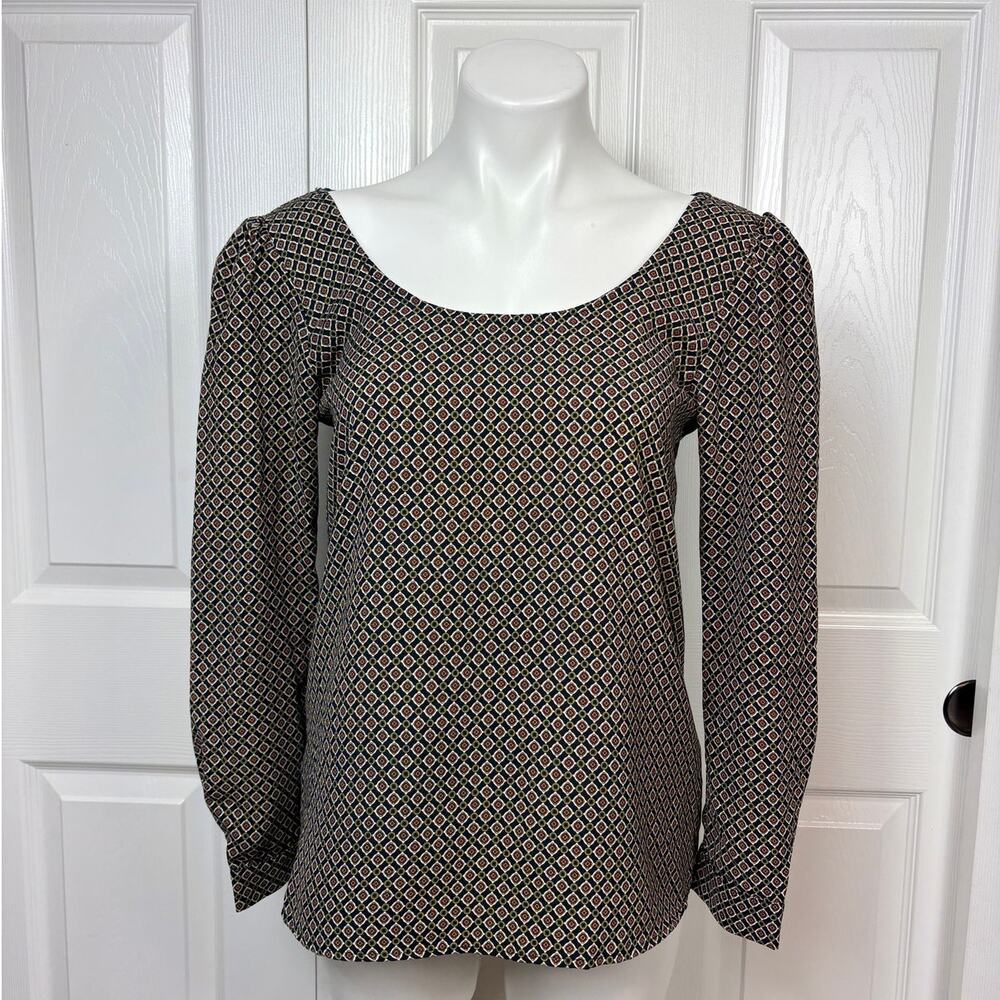 My Story Geometric Print Long Sleeve Open Back Brown and Green Blouse Size S